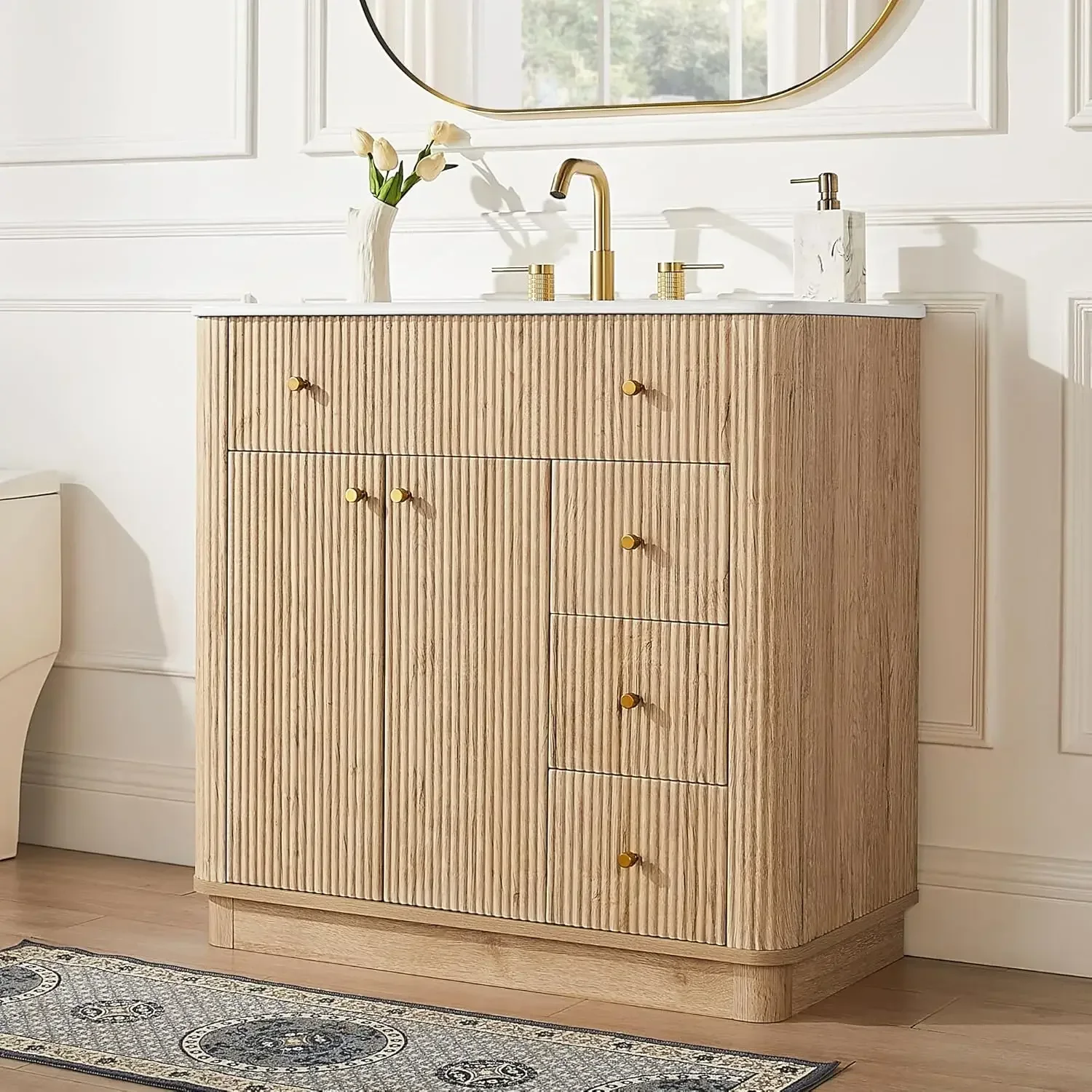 

36 Inch Bathroom Vanity with Sink, Modern Fluted Single Bathroom Vanity with Sink with Storage Cabinet, Adjustable Shelf and 3 S