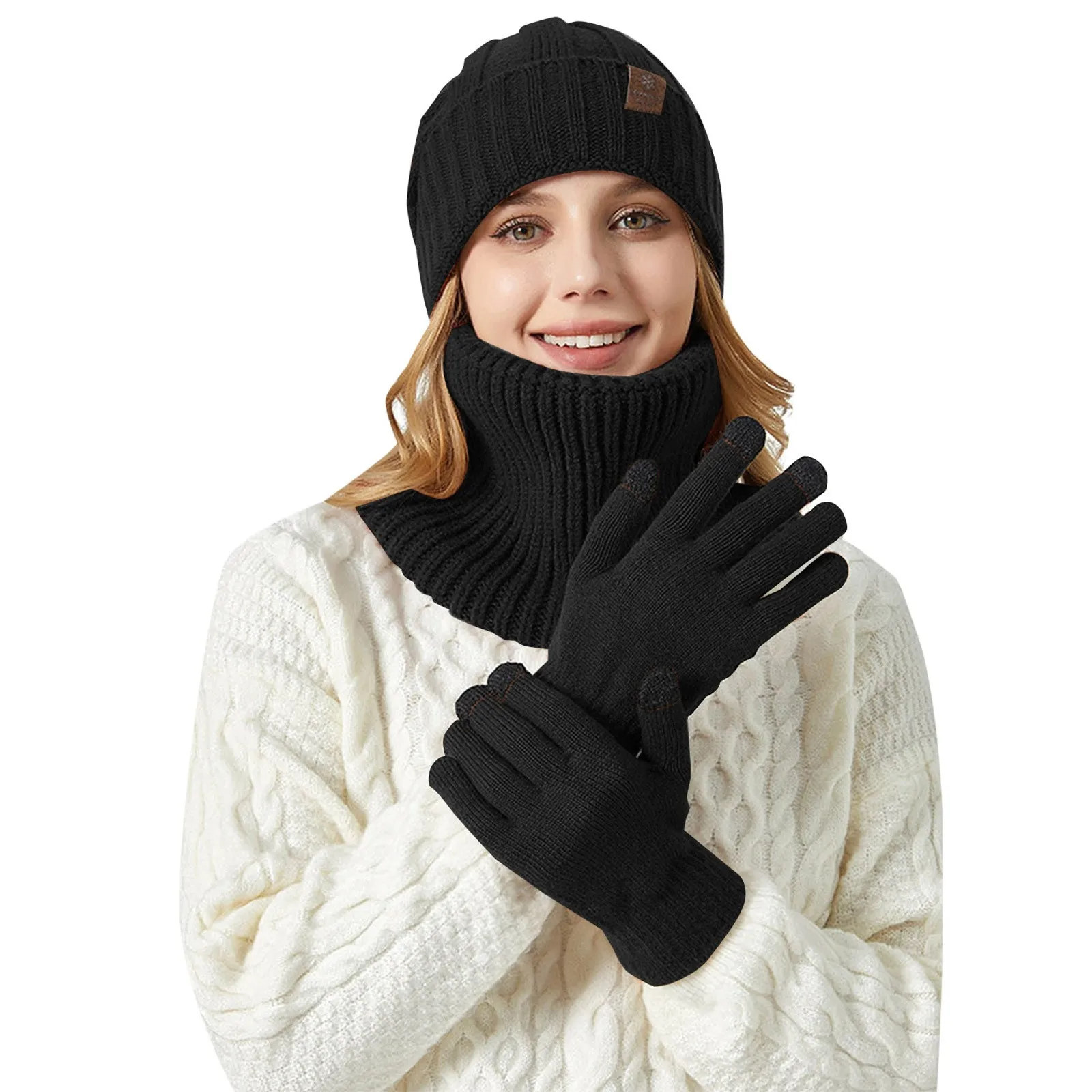 3PCS Thermal Hats Scarf Gloves Set Women\'s Thickened Warm Plush Ear Warm Caps Scarfs Gloves Sets Outdoor Warm Accessories