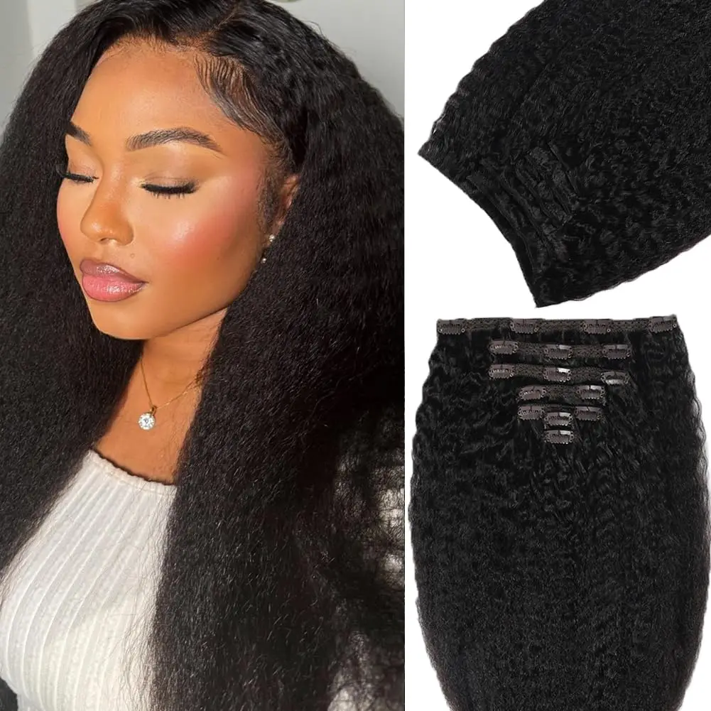 Kinky Straight Human Hair Extensions 16 Inch Human Hair Extensions for Women Clip in Hair Extensions Remy Clip in Hair #1B