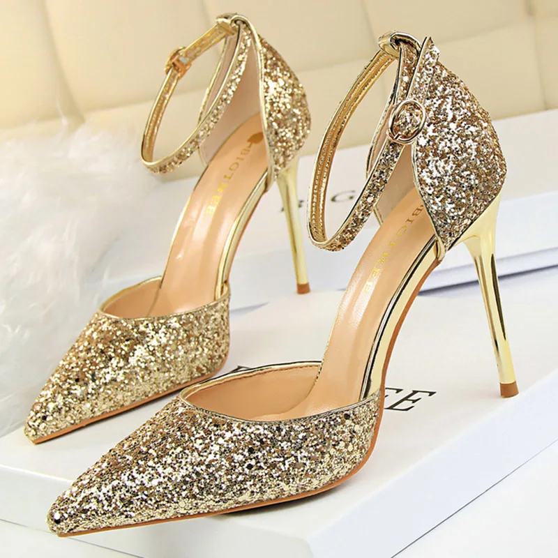 Summer Women 7.5cm 9.5cm High Heels Bling Sandals Lady Wedding Bridal Low Heels Gold Silver Sandle Sparkly Party Nightclub Shoes