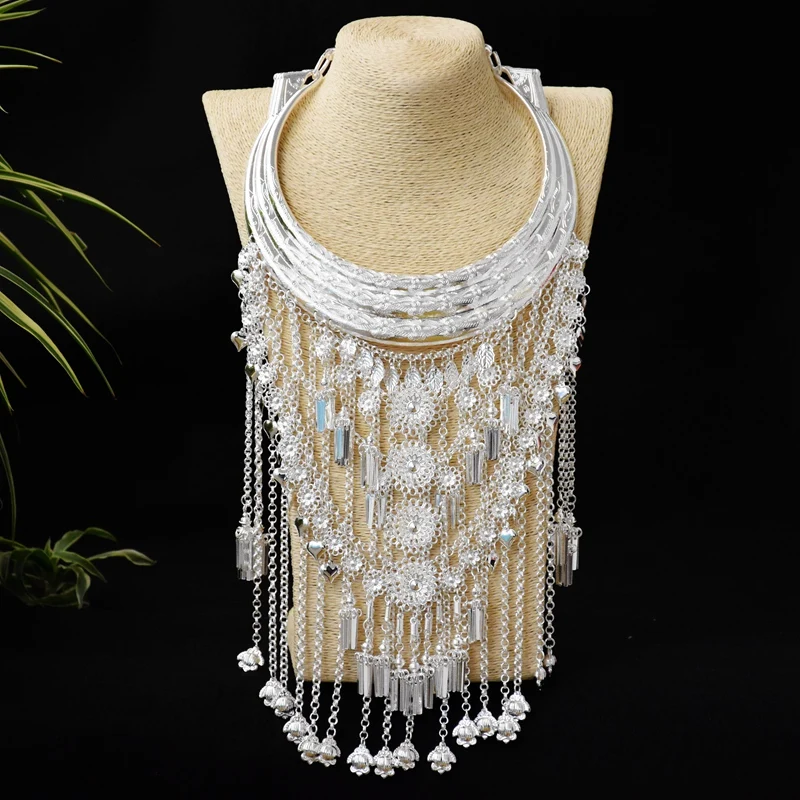 Miao Necklace Chinese Folk Style Vintage Miao Silver Large Collar Dance Costume Jewellery Tassel Accessories Hmong Necklace