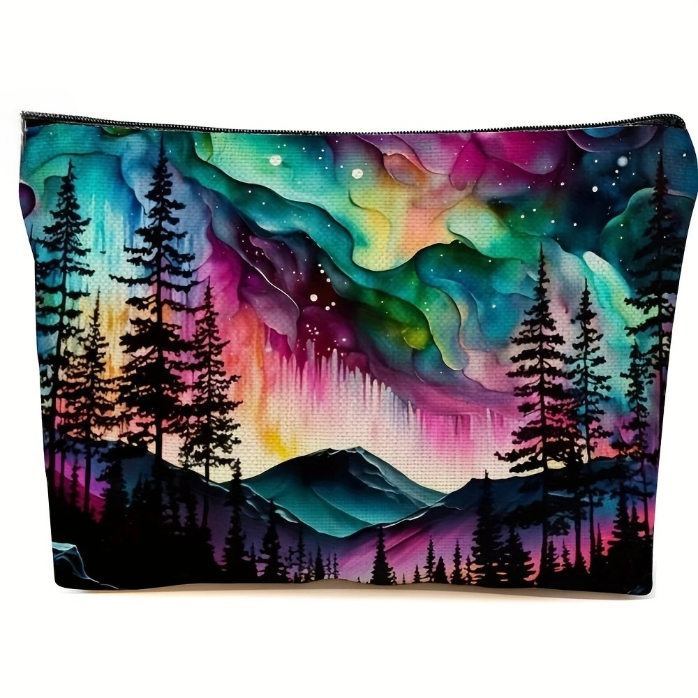 1-teilige Kosmetiktasche aus Stoff mit Nordlichtern-Wald-Aufdruck, Kulturbeutel von Aurora Borealis für Reisen