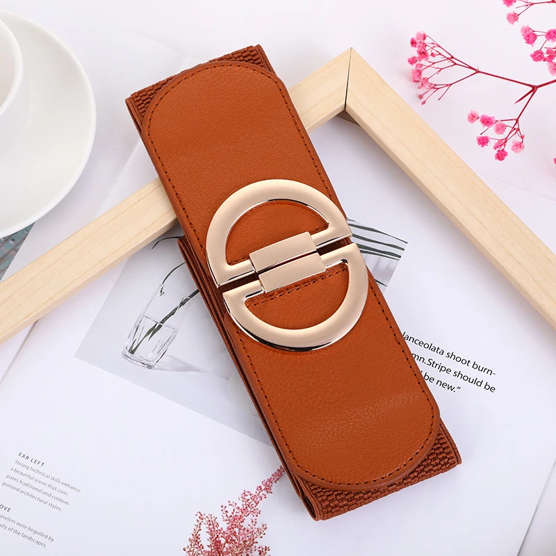 Women Leisure Elastic Wide Waistband Belt Ladies Fashion Alloy Buckle Stretchy Waist Belt Decorative Buckle Waist Cover