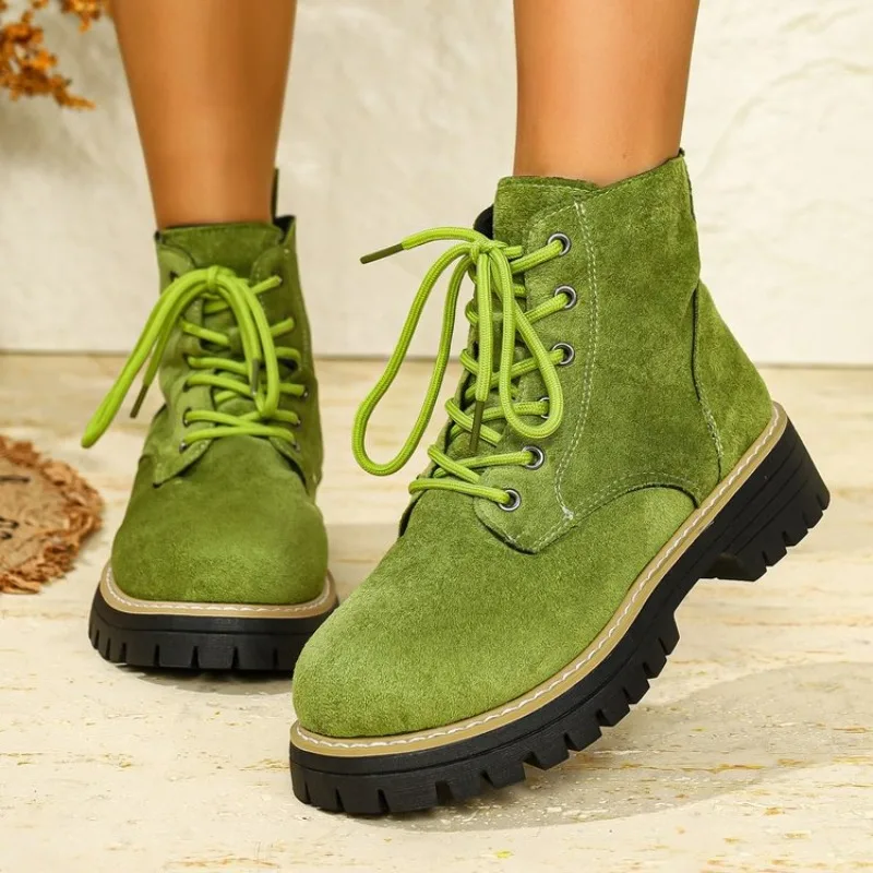 

British Style Thick Bottom Ankle Boots Women 2025 Winter Faux Suede Platform Boots Woman Plus Size 43 Lace Up Motorcycle Shoes
