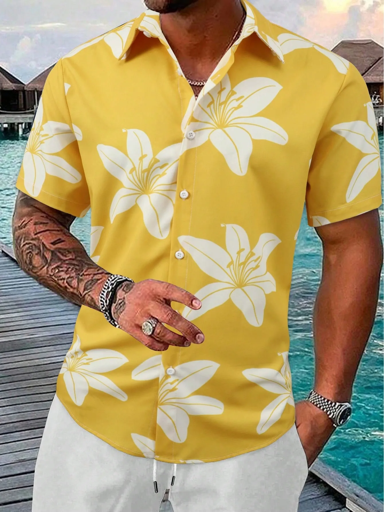 

Мужская рубашка с цветочным принтом, летняя простая стильная рубашка с коротким рукавом и узором лилии, повседневная универсальная мужская рубашка для отпуска