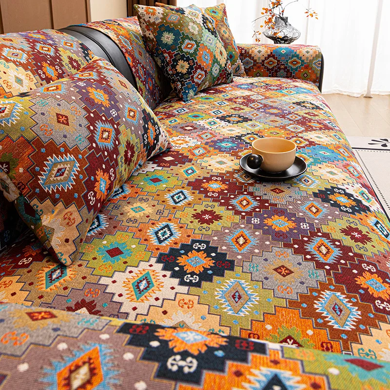 Bohemian Style Cotton Sofa Cushion Jacquard Geometric Pattern Anti-Slip Universal Sofa Cover Towel All Seasons Sofa Covers