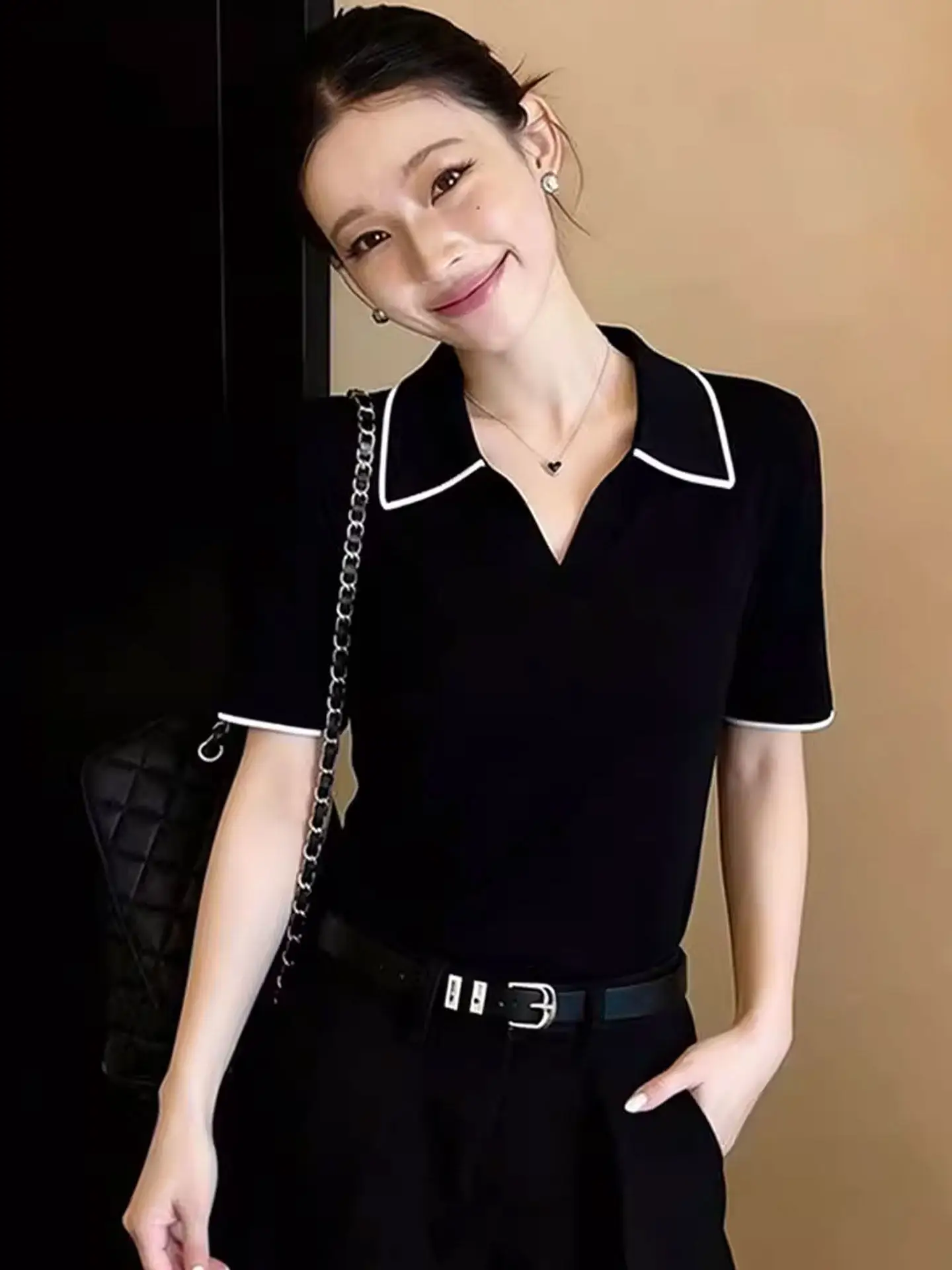 

Trendy Summer 2026 Women's Short Sleeve T-Shirt Color Block Lazy Style Versatile Fashionable Korean Straight Cut Commute Style