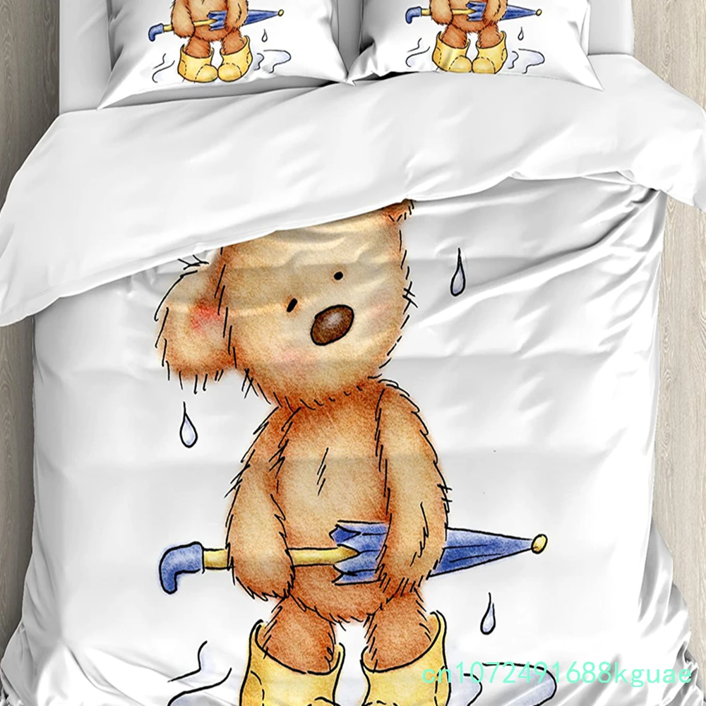 Bear Bedding Set For Bedroom Bed Home Teddy Bear Caught Up In Rain With Rubber Boots Holdi Duvet Cover Quilt Cover Pillowcase