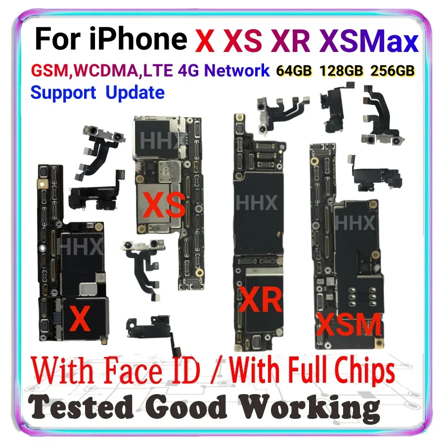 For iPhone X / XR/ XS / XS Max Unlocked Motherboard With Face ID 64GB 128GB Clean iCloud Logic Board 100% Tested Mainboard