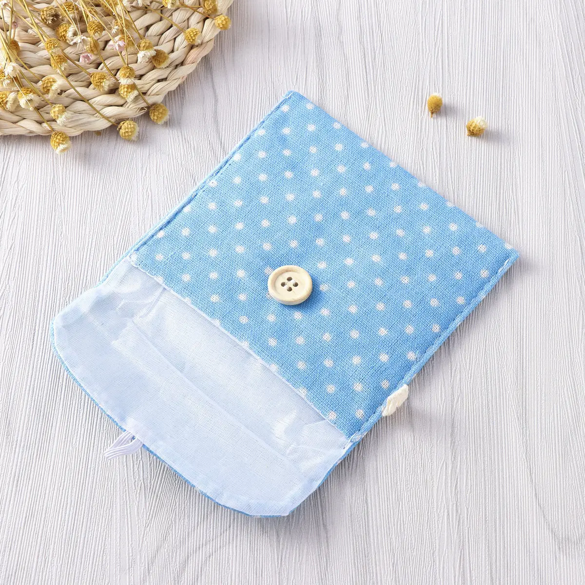 Women Girls Polka Dot Blue Linen Sanitary Napkins Organizer Secret Pouch Menstrual Pad Holder Coin Purse Small Bag