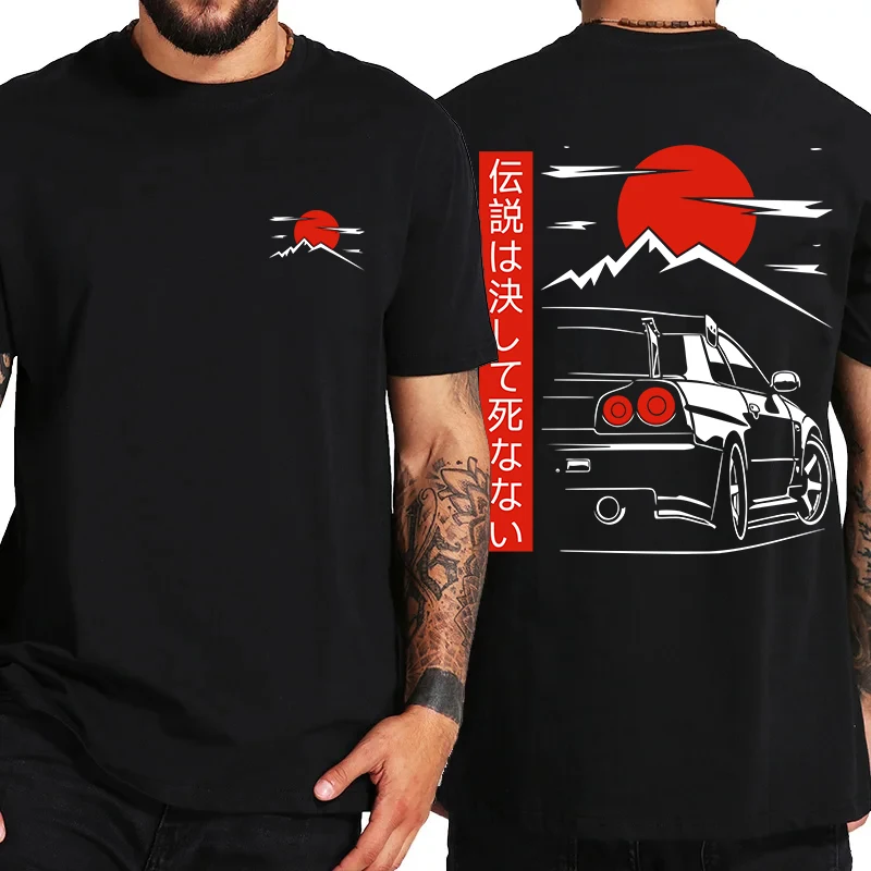 Japanese Style Car JDM Culture GTR R34 Racing T Shirts Men Back Print Street Wear Original Design Oversized 100% Cotton Tops Tee