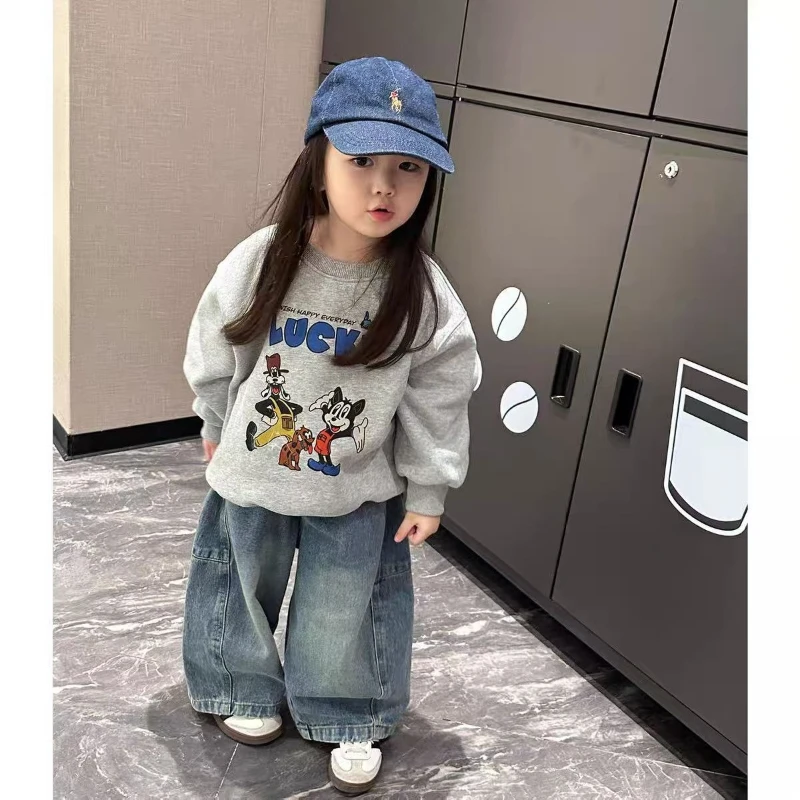 

Корейский флисовый комплект с капюшоном и джинсами с Микки, уютный детский комплект из двух предметов для зимнего уличного стиля