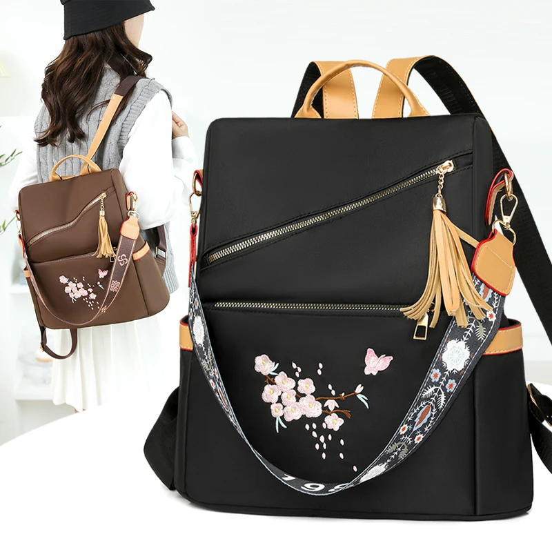 Trendy Women Nylon Backpack Large Capacity Anti-Theft Shoulder Bag Fashion Embroidery Casual Tote Handbag for Girls Travel Work