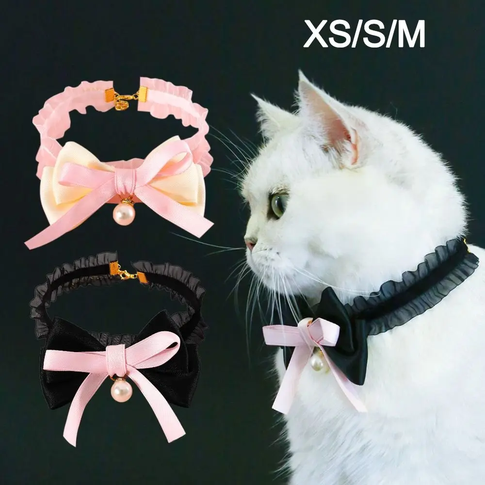 Cute Princess Bow Cat Necklace Adjustable Soft Anti-suffocation Lace Pet Collar Pearl Velvet Elastic Pet Tie Pet