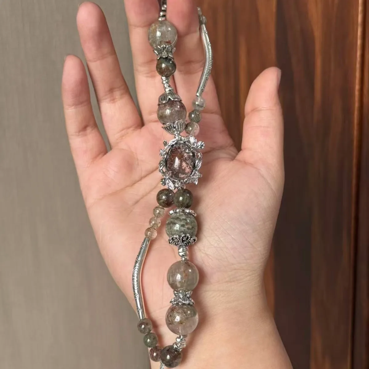 

Natural Green Phantom Alloy Bracelet with a large bead size of 13mm