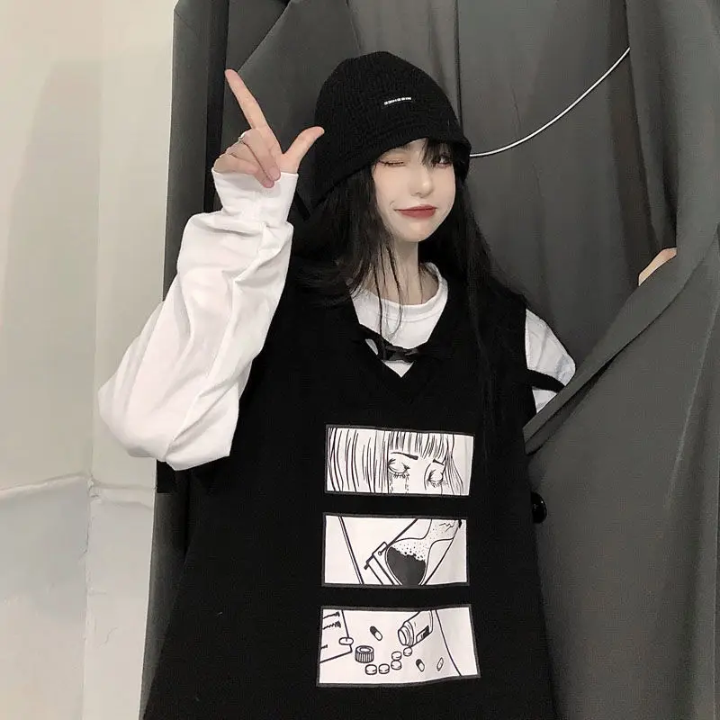 Korean Cool Girl Black White T-Shirt Vest Two Piece Women Ins Fashion Spring Autumn Super Fire Loose Casual Long Sleeved 2023