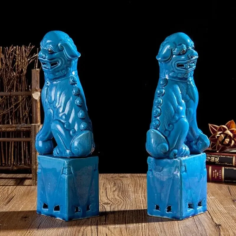 1 Pair Chinese Jingdezhen Ceramics Porcelain Blue Foo Fu Dog Guardion Lion Statue Pair Antique Porcelain Home Decor Statue