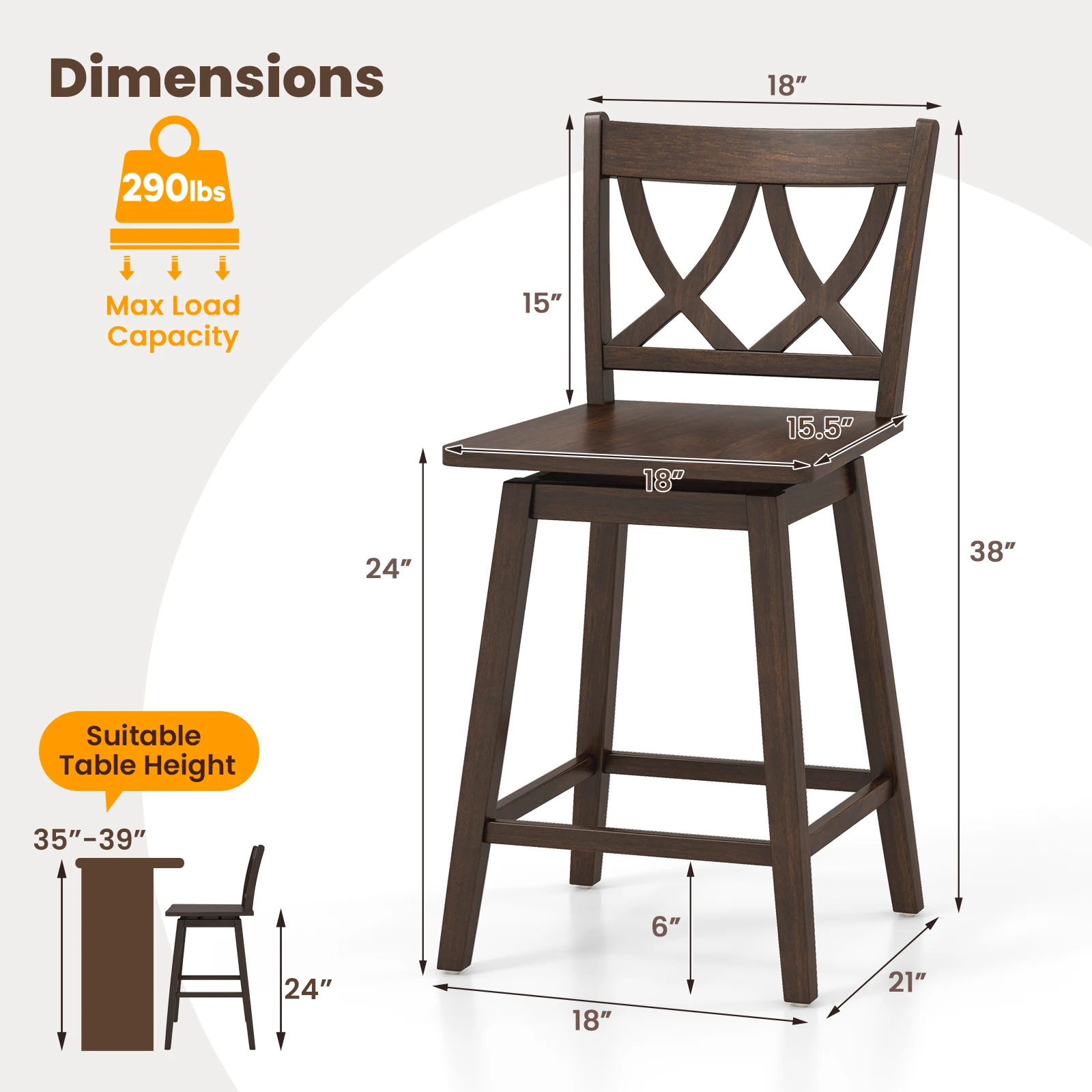 29 "Barkruk Set Van 2, Houten Barstoelen Met Rubberen Houten Frame, Draaistoel, Voetensteun, Barhoogte Krukken