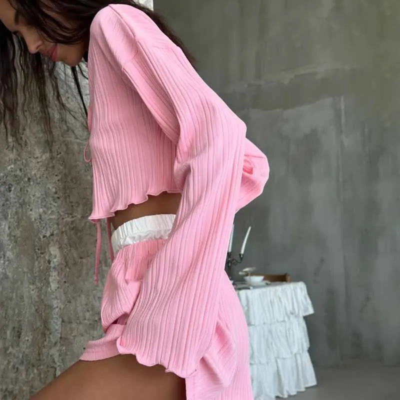 European and American Amazon Pink Striped Cardigan Pajamas Two-piece Casual Loose Long-sleeved Shorts Loungewear Suit Women