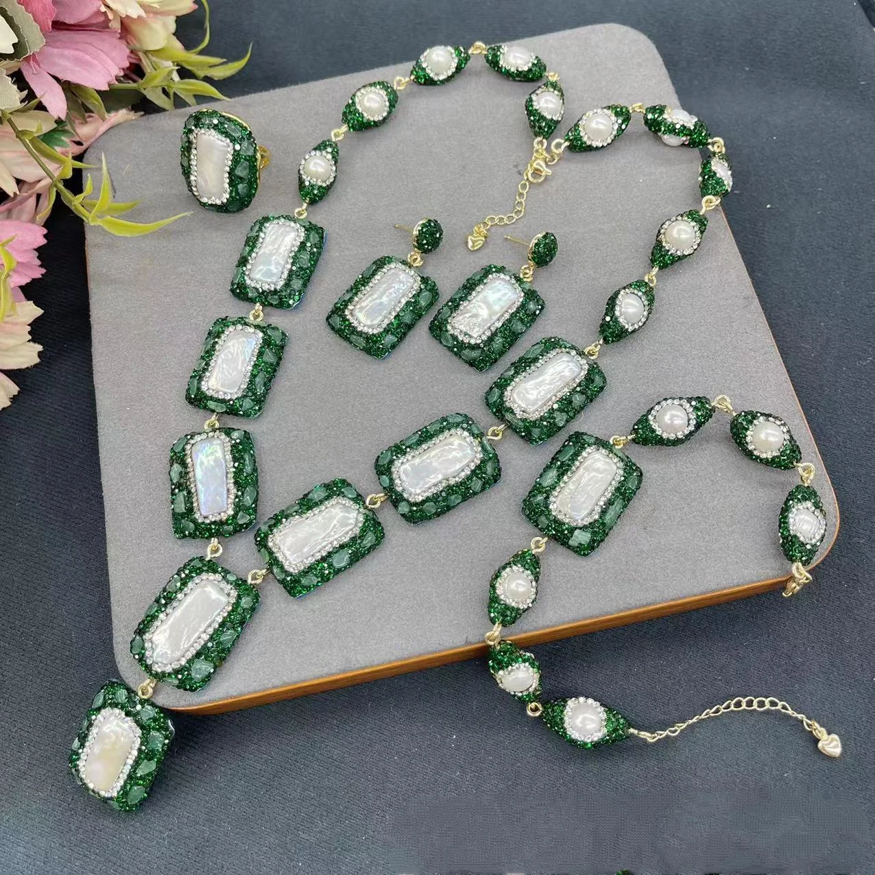 Baroque Pearl Natural Stone Crystal Necklace Bracelet Earrings Ring Exaggerated Personalized Charm Geometric Women Jewelry Set
