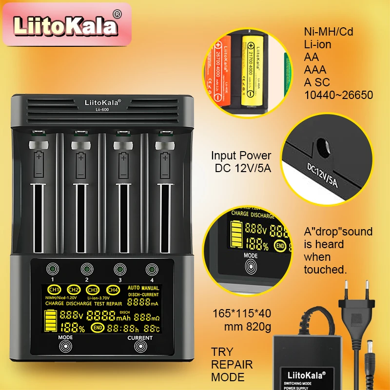 

LiitoKala Lii-600 Smart Battery Charger for 18650/21700/AA/AAA | 3A Fast Charging | NiMH/Li-ion/NiCd Multi-Bay Charger with LCD