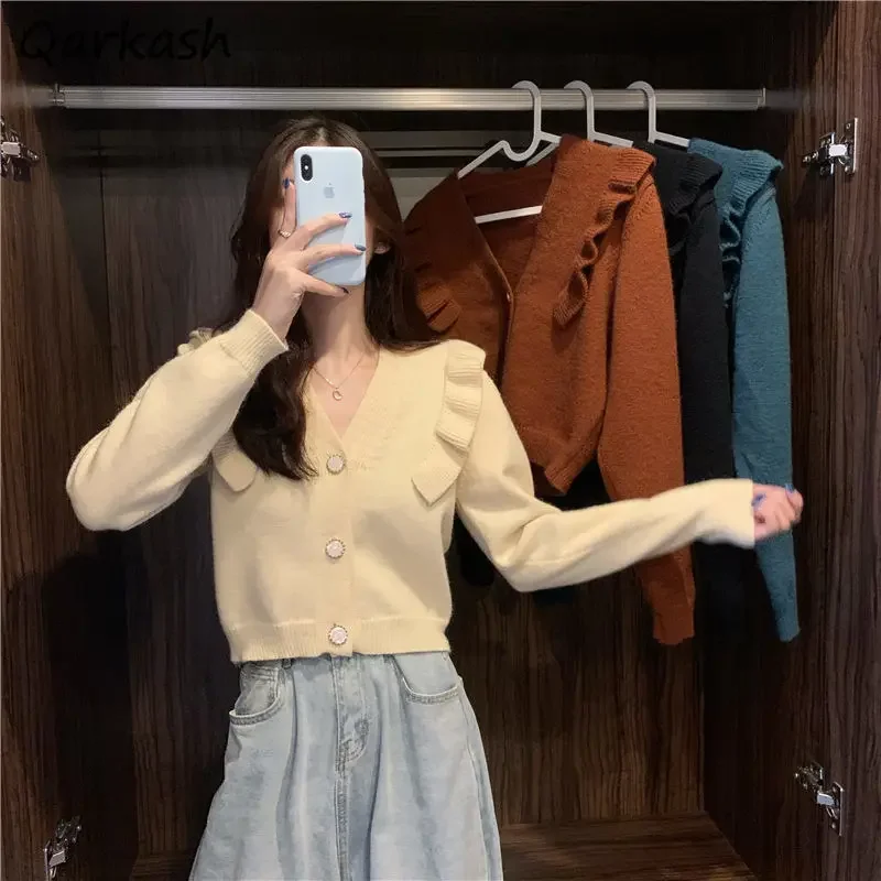 

Cardigan Women Solid Sweater V-neck 5 Colors Simple Warm Girls Kawaii Stylish Vintage Prevalent Y2K Ulzzang Classic New Tender