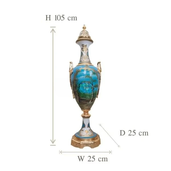 مزهريات مزينة بالنحاس والبورسلين العتيق، مناظر طبيعية مرسومة يدويًا، تفاصيل تصميم مستوحى من الطراز العتيق، فاخرة