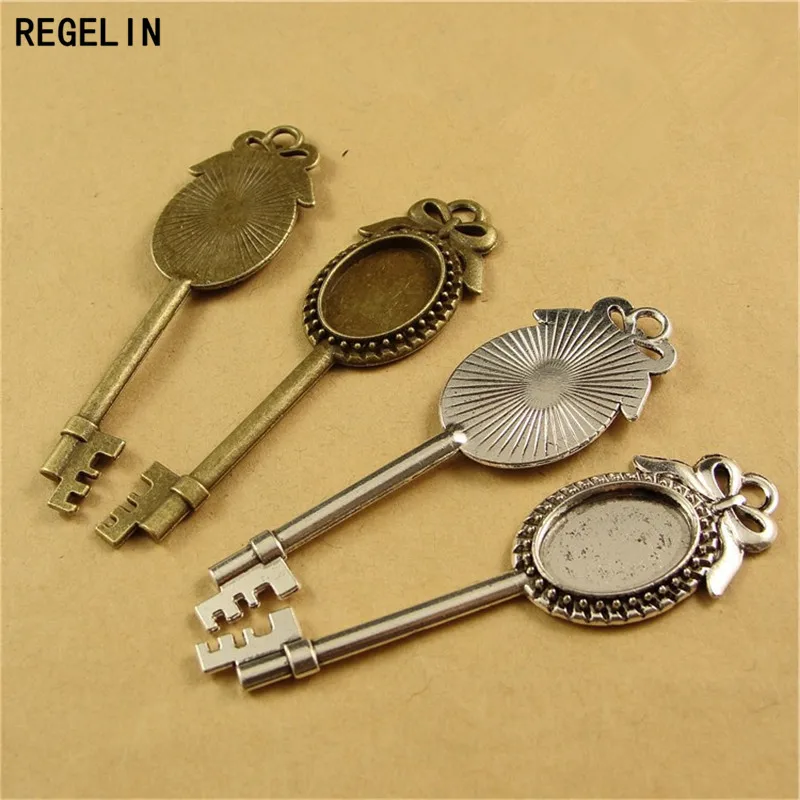 REGELIN Vintage Key Pendant Settings Cabochon Base Bezel Trays Blank Fit 13x18mm Cabochons Cameo DIY Necklace Jewelry Making