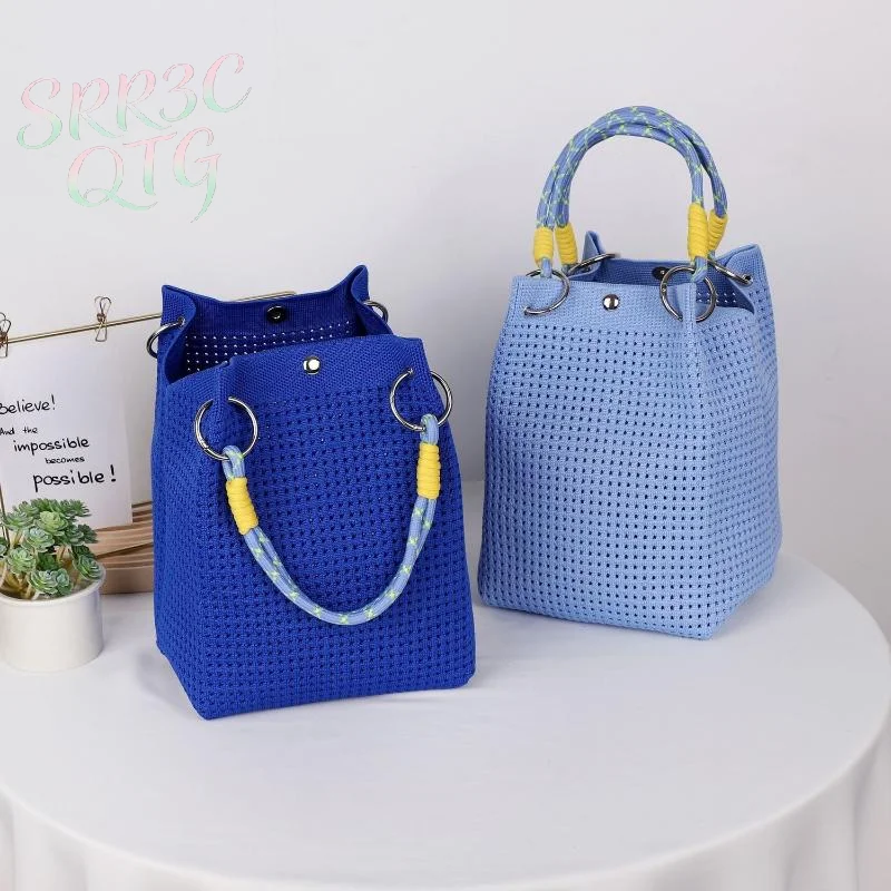 Hot Sale Mini Knitted Bucket Bag Women Small Handbag Geometric Colorblock Wristlet Purse With Detachable Handle 1PC