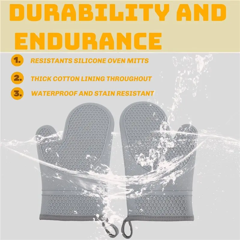 A96K-Grip Heat And Slip Resistants Silicone Oven Mitts Set, Waterproof, BPA-Free, Thick Gloves For Cooking Kitchen