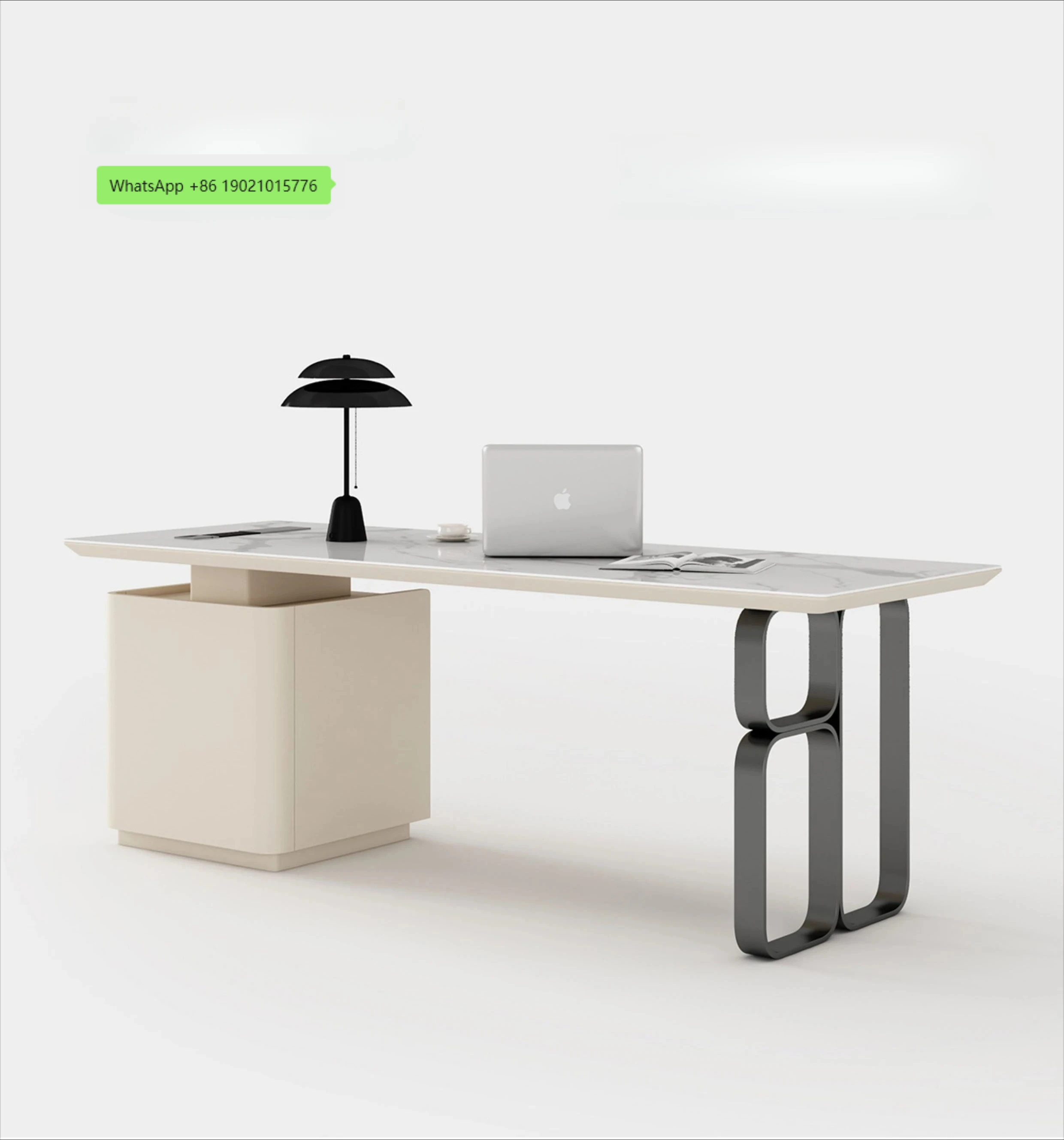 Italian minimalist rock slab desk with drawers | Light luxury modern stainless steel study computer desk
