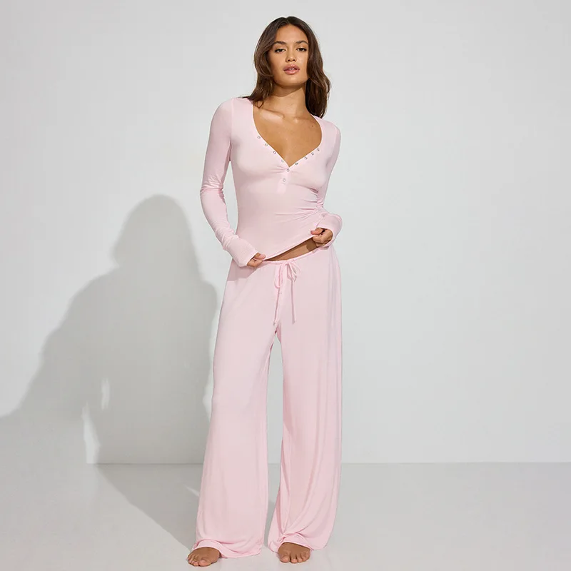 

ONE TO WAN Women Casual 2Piece Solid Color Set Long Sleeve Button V Neck Slim Fit Tops + Drawstring Waist Wide Leg Pants Outfits