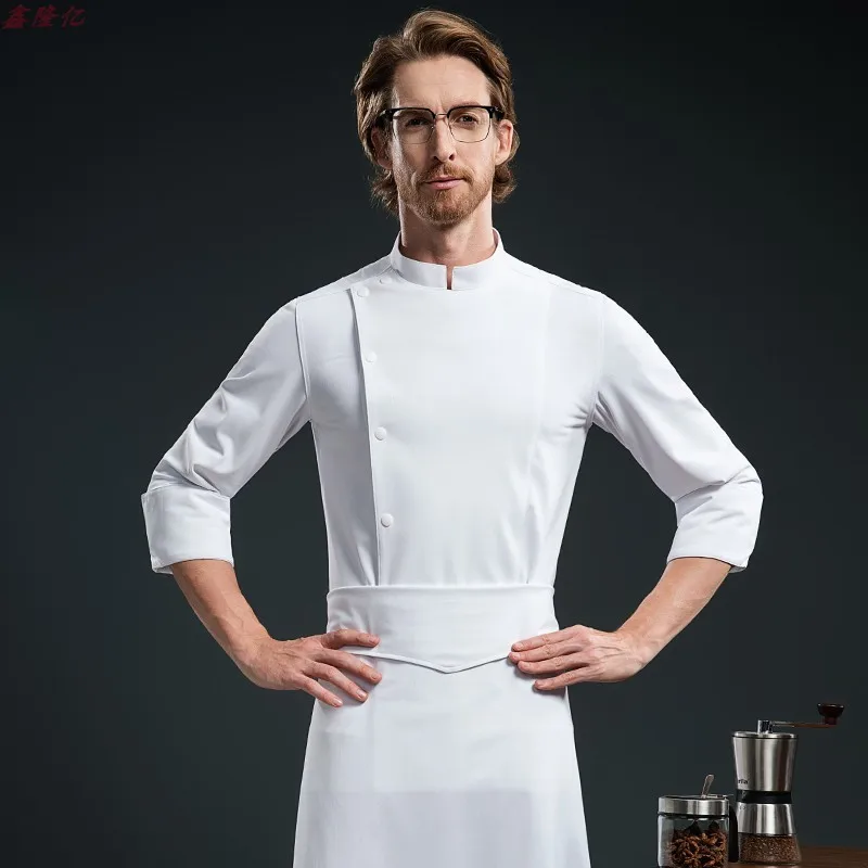 زي عمل طاه الفندق بأكمام طويلة للمطاعم الغربية، قميص أبيض لطهاة الفنادق، ملابس عمل عصرية بصدر واحد