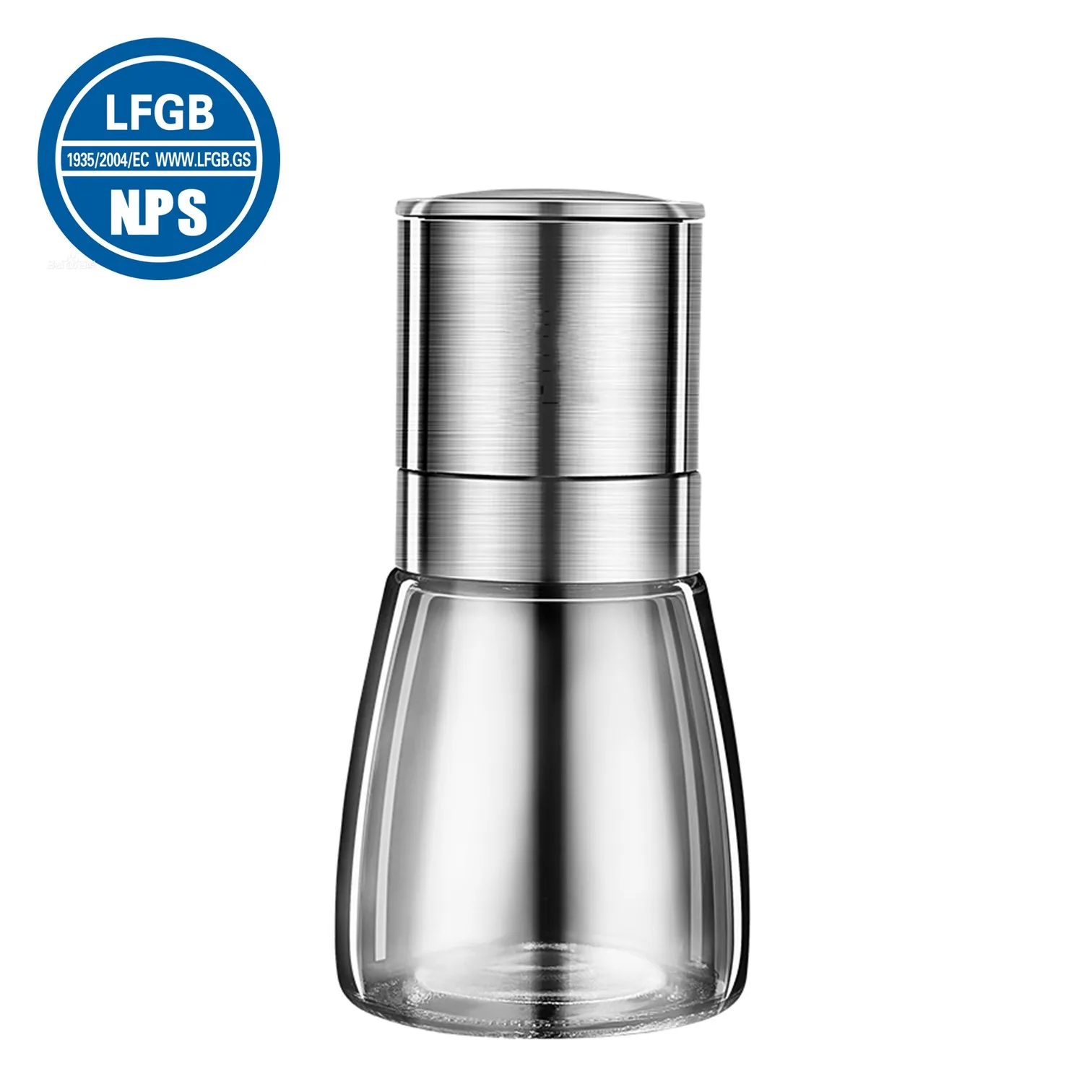 

LFGB Certificated 304 Stainless Steel Cover High Borosilicate Glass Pepper Mill Salt Spice Grinder for Barbecue and Steak