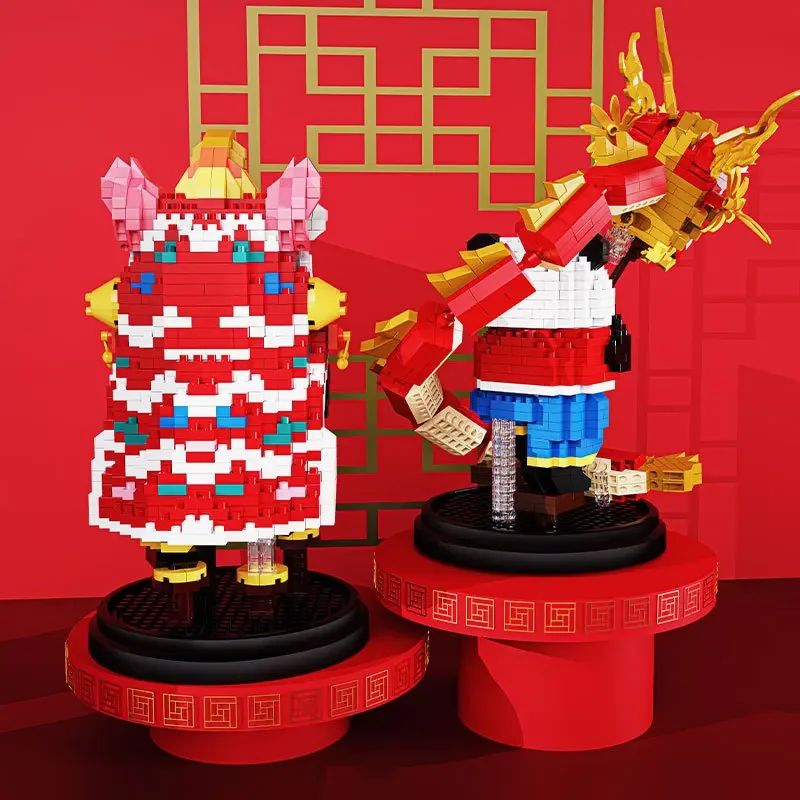 Décennie s de construction de danse KrasnoMicro pour enfants, jouet de figurine en mini brique, modèle 3D, nouvel an chinois, culture de danse du dragon, assemblage, discussion