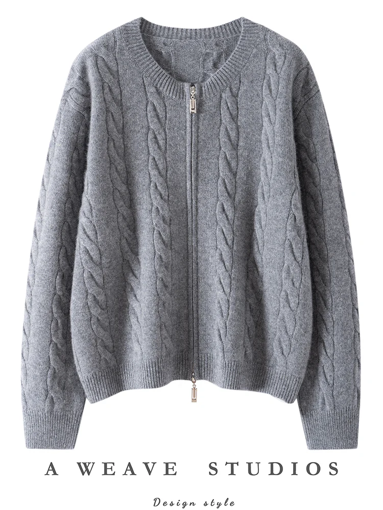 Yoyoselect Damski Kardigan z Kaszmiru 100%, Płaszcz, Okrągły Dekolt, Zapinany na Zamek, Krótki Sweter, Dzianina, Jesienno-Zimowy Gruby Sweter z Wzorem w Warkocze