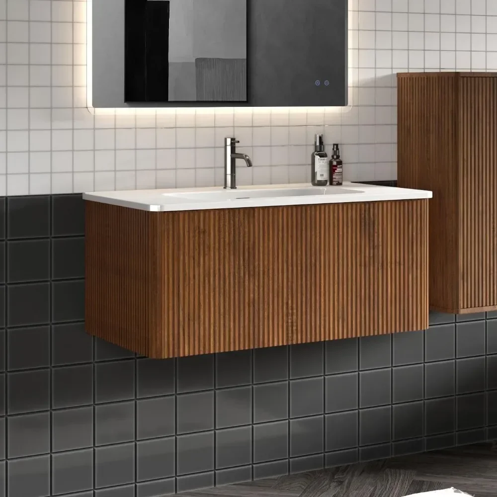 

36" Bathroom Vanity with Sink, Modern Floating Vanity with Push Open Soft Close Drawer, Large Storage for Small Space, Walnut