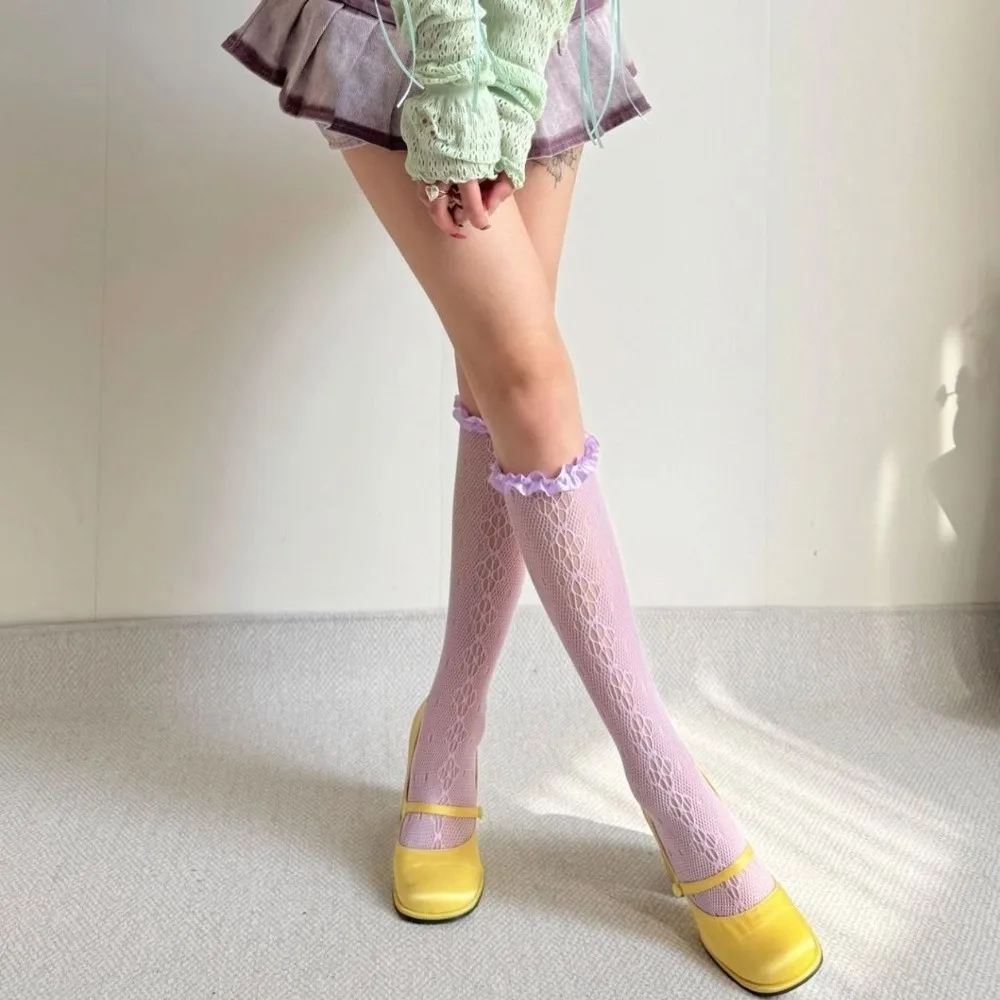 Fashion Sweet Solid Color Women's Stockings Hollow out Lace Pile Calf Socks Thin Korean Knee Highs Socks for Girl