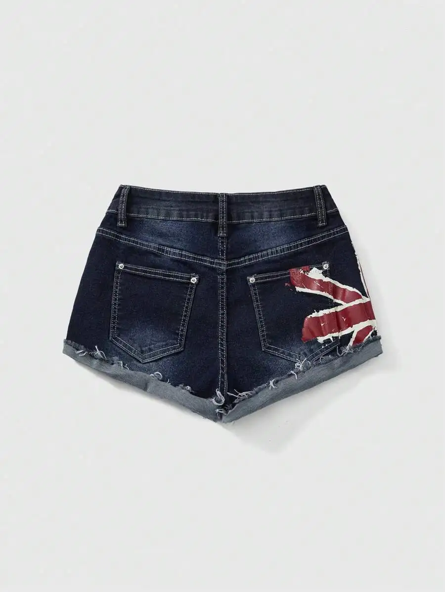 

Grunge Punk Y2K Vintage Low Waist Denim Shorts With Flag Print For Summer Festival