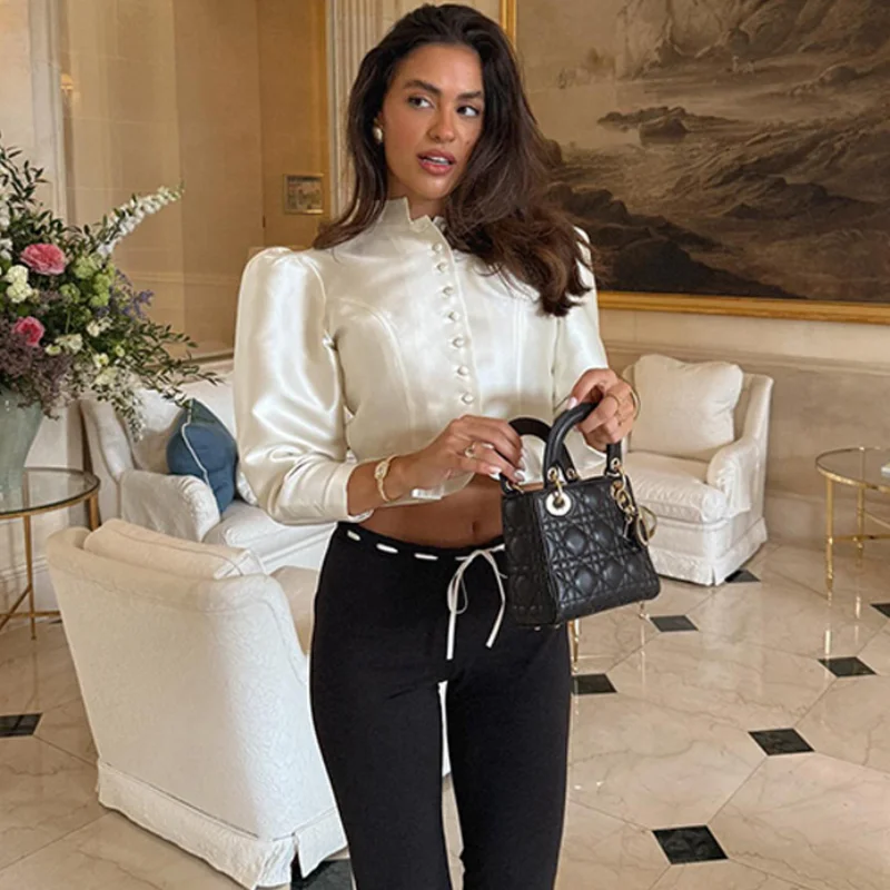 

Women's Elegant Stand Collar White Short Coats Casual Single Breasted Puff Sleeve Short Jackets 2025 Autumn Lady Street Outfits