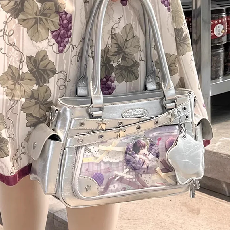 

Сумка на плечо ярких цветов в стиле Лолиты, серебряная звезда, маршрут, маленькие сумки «сделай сам», Y2k Itabag, повседневные прозрачные сумки через плечо, двумерные сумки