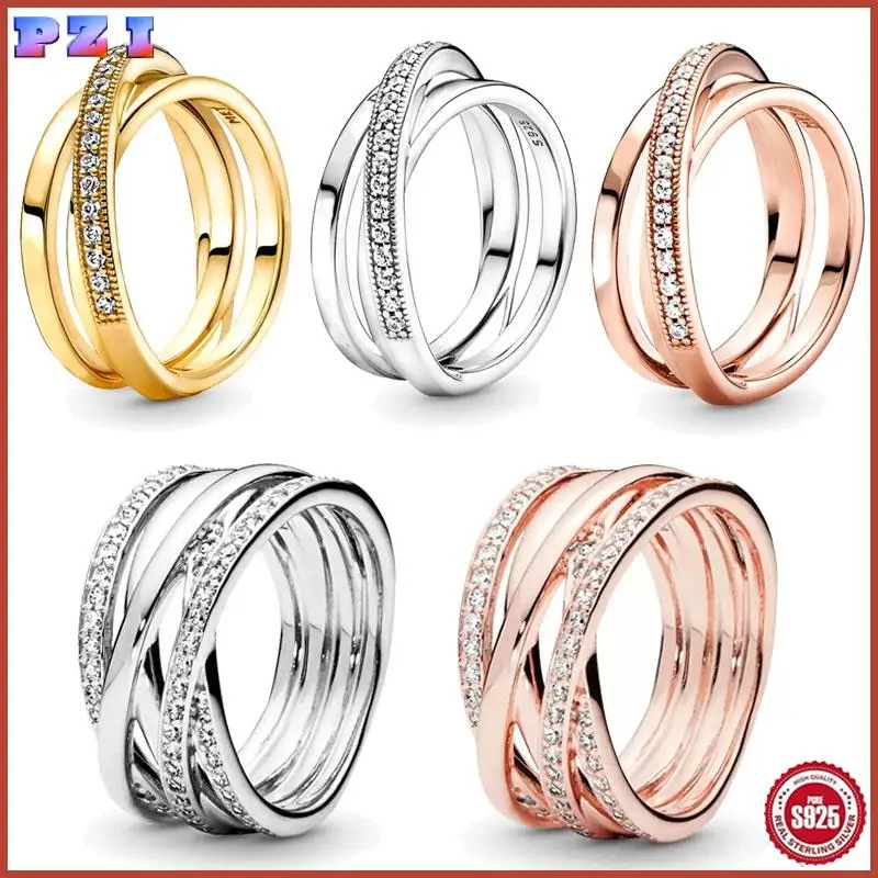 

2025 Hot 14K Gold Zircon Sparkling Crossover Pavé Triple Band Ring 925 Silver Ring Women Finger Ring Fine Jewelry