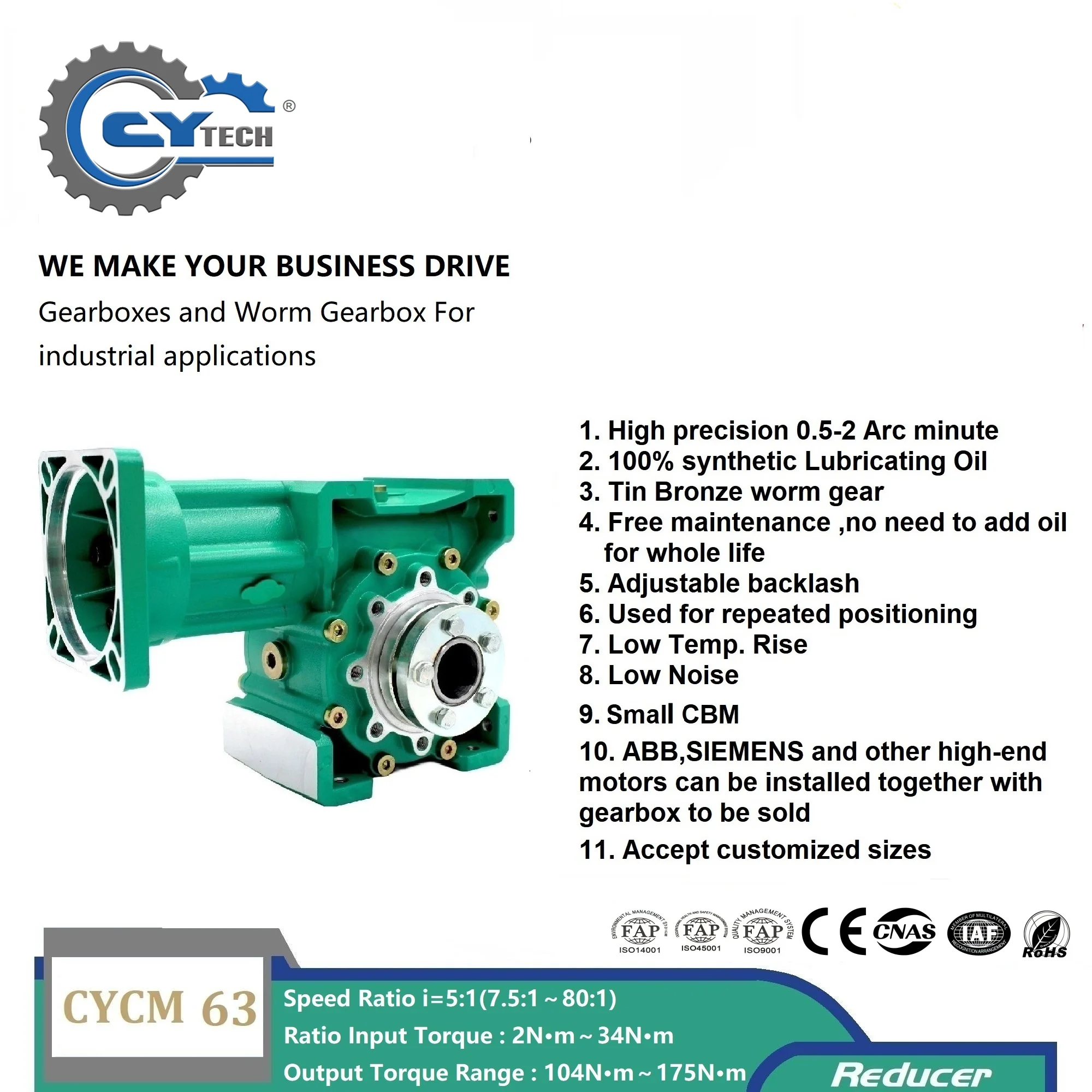 CHENYUE Gearboxes CYCM063 Gear reducer P0 Grade 0.5-2 arc minutes Input 14/19/20/22/24mm FLG130*130mm Output 25mm Ratio 5:1-80:1