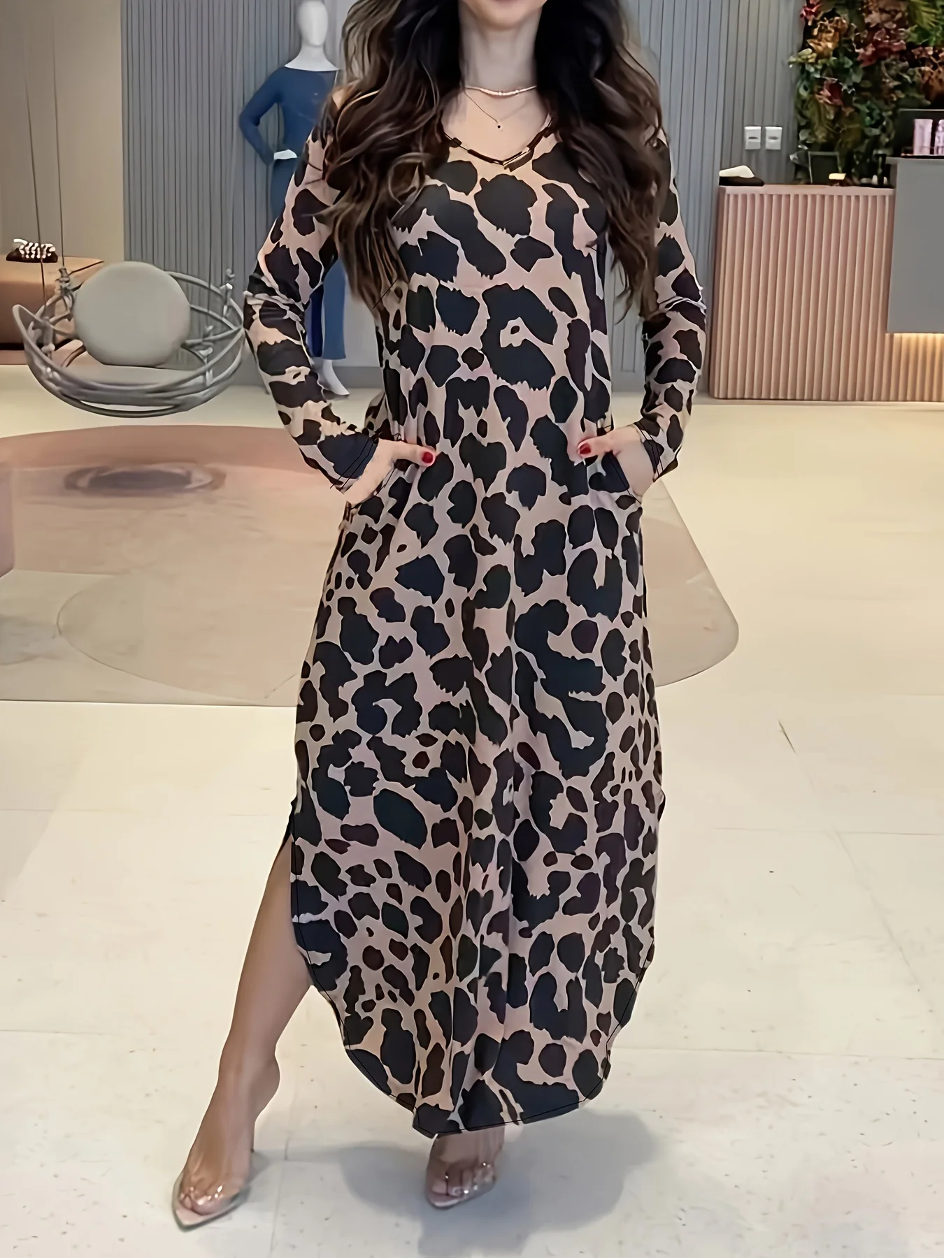 Vestido con dobladillo curvo y estampado de leopardo para mujer, ropa informal de manga larga con cuello en V para primavera y otoño