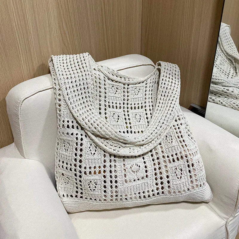 新しいニットバッグ ハンドバッグ レトロ メッシュ ホロー シンプル 編みバッグ レディース ショルダーバッグ