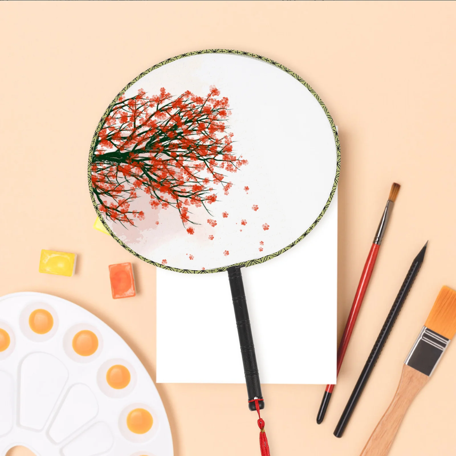 

10pcs Painting Fan White Round Silk Cloth Diy Blank Fan For Kids Art Craft Drawing Activity Party Decor Supplies