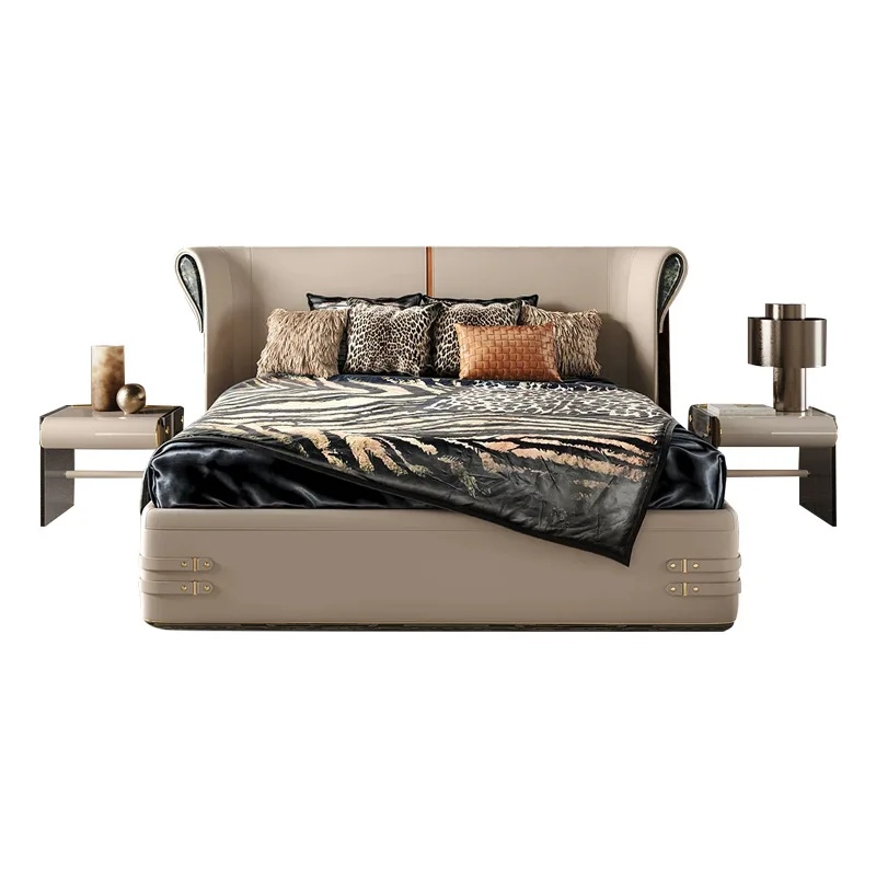 New Italian high-end leather bed large flat-floor villa master bedroom bed imported widescreen light luxury 1.8 bed