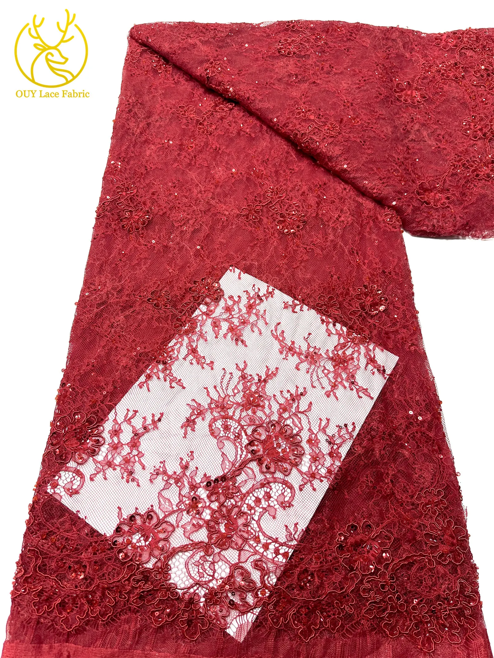 Hochwertiger Afrikanischer Pailletten-Spitzenstoff in Marineblau, Französischer Nigerianischer Perlen-Spitzenstoff, Ideal für Partykleider und Abendkleider – Detail 15