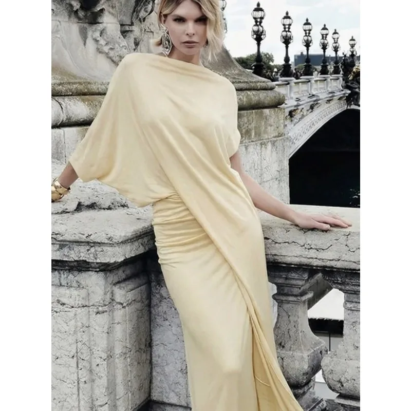 

2026 Lady Evening Dinner Vestido Fashion Pleated Irregular Sleeve Maxi Dress Women Elegant Solid High Waist Slim Long Dresses