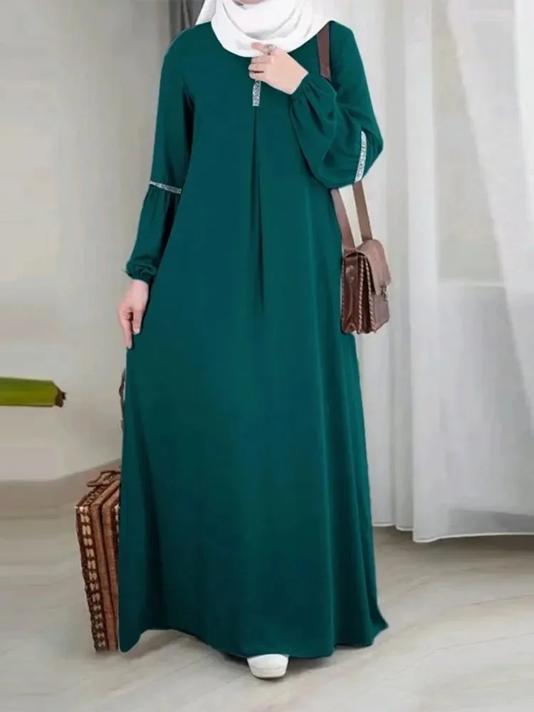 Women Eid Muslim Dress Kaftan Islam Party Dresses Dubai Vestidos Lantern Sleeve Solid Color Abaya Sequins Casual Ramadan